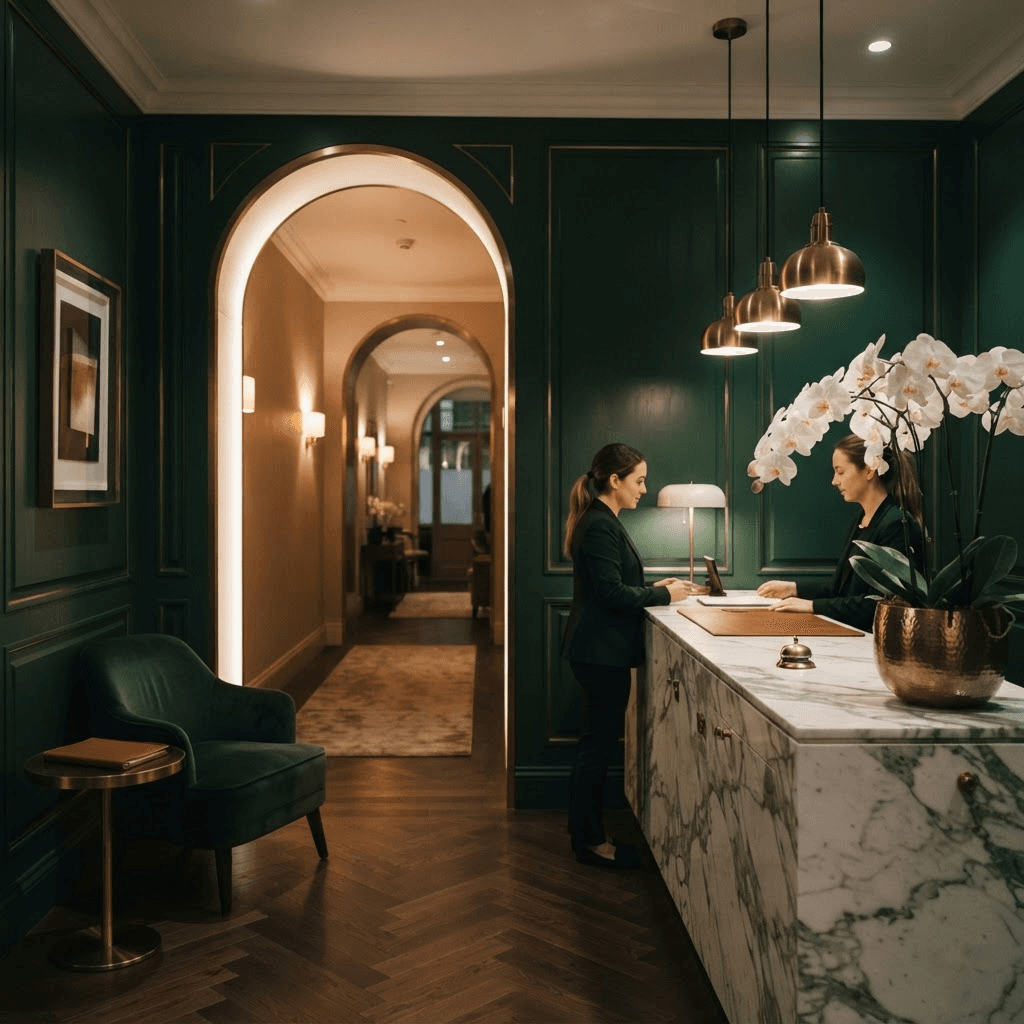 A Plinical treatment suite, emerald and brass under warm morning light