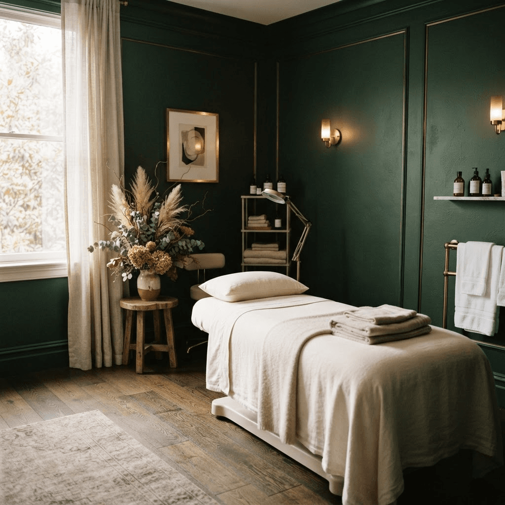 A Plinical treatment room with plinth and brass fittings